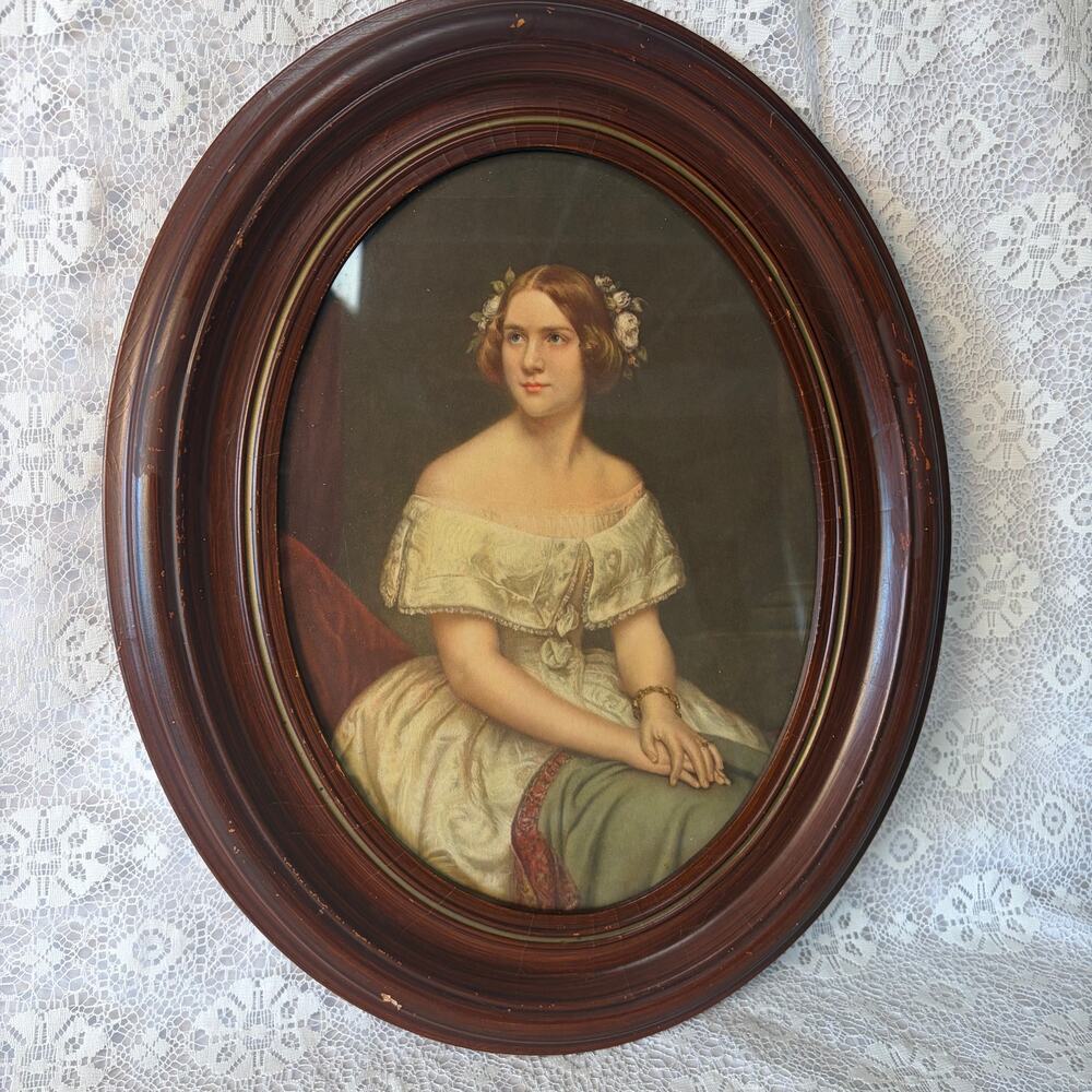 Vintage Oval Framed Victorian Lady Portrait Print Wall Decor
